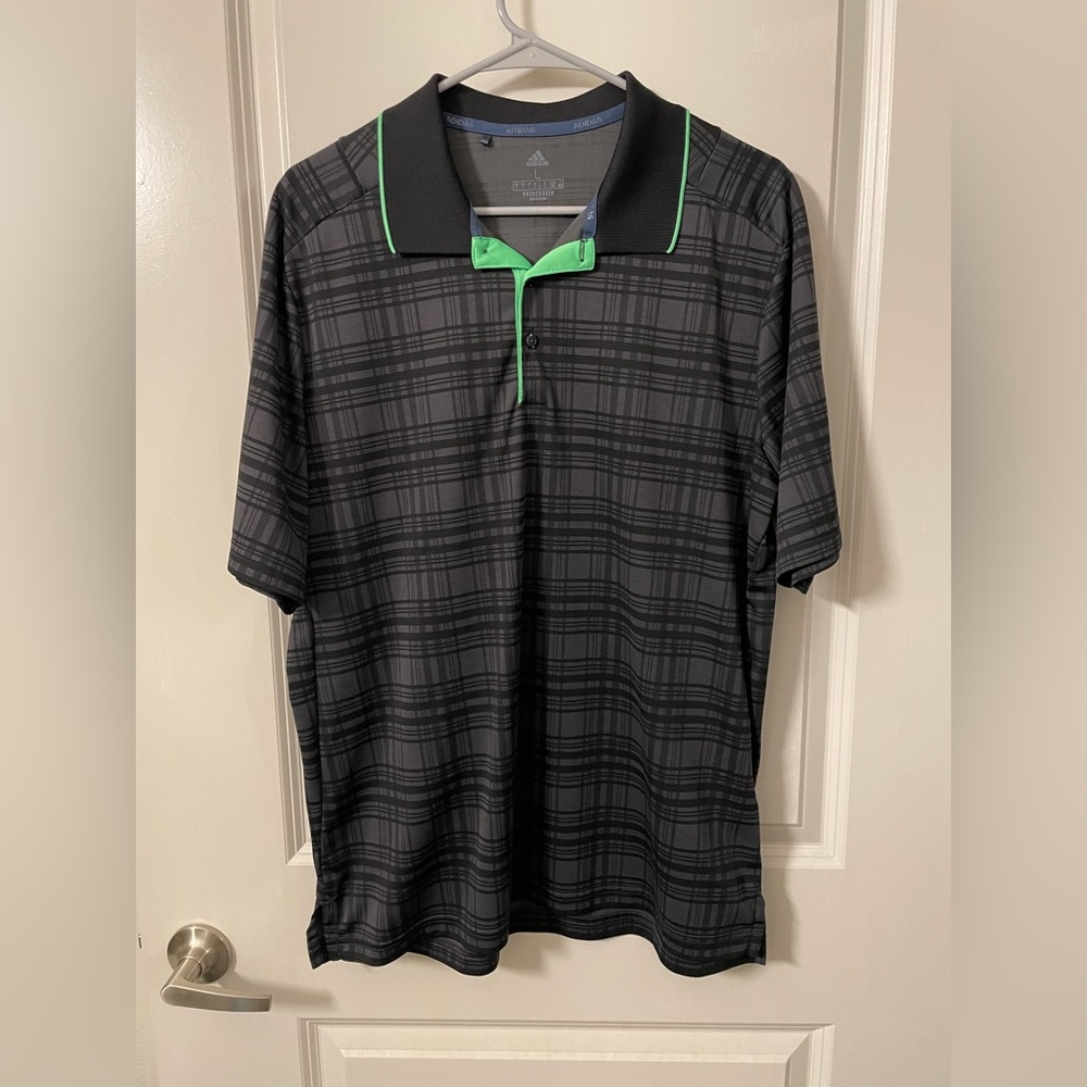 Adidas PRIMEGREEN Men’s Collard Shirt - Black & Grey Striped w/ Green Accents